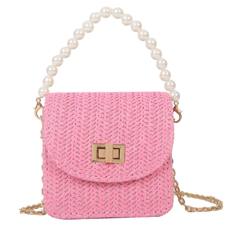 Women's Mini Straw Solid Color Elegant Pearls Lock Clasp Straw Bag