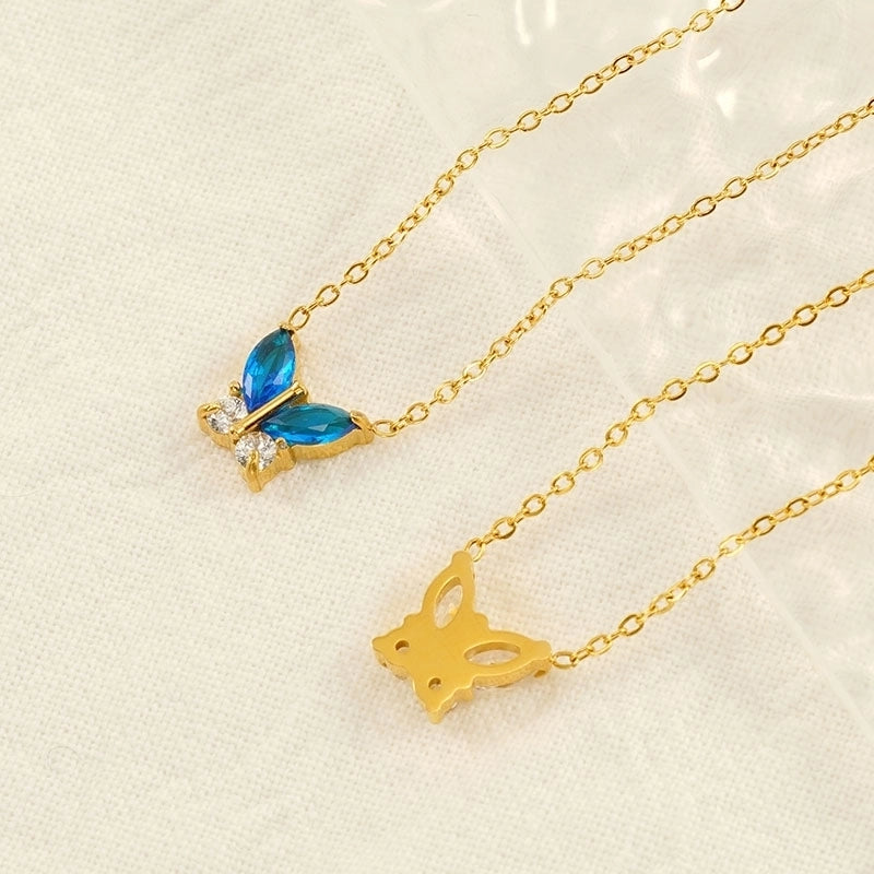 Princess Cute Heart Shape Butterfly 304 Stainless Steel Zircon 18K Gold Plated Inlay Pendant Necklace