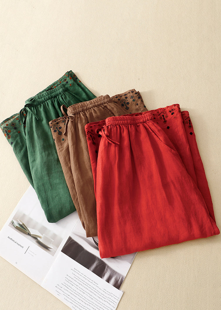 Vintage Green Embroidered Linen A Line Skirt Summer