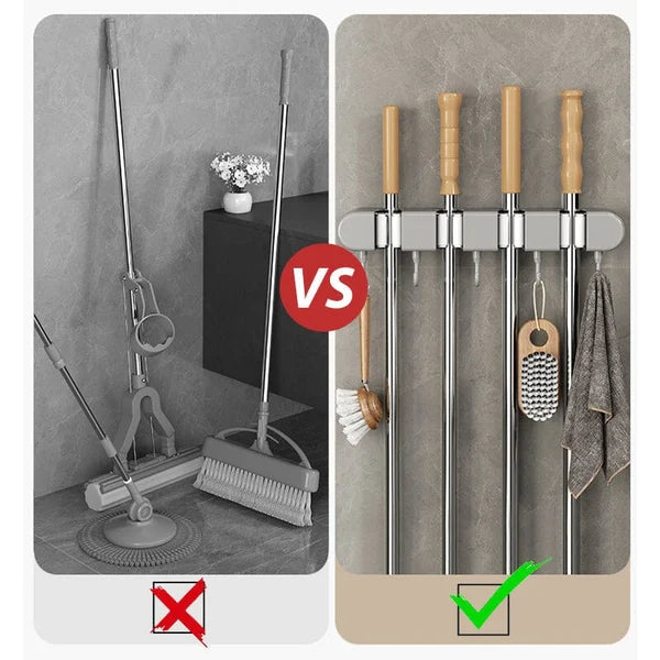 6 Slot & 6 Hook Wall Mounted Holder For Mop. Broom. Kitchen. Garden