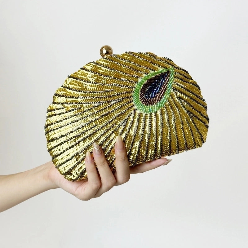 Blue Black Gold Metal Feather Beading Sequins Shell Evening Bags