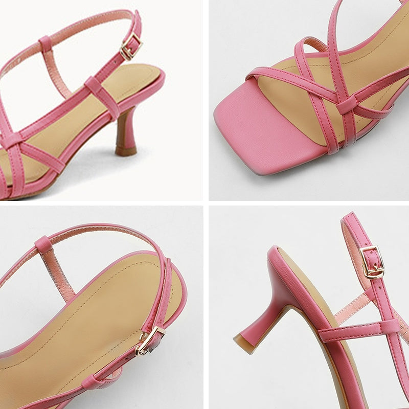 Open Toe Muti Strap Sheepskin Slingback Sandals 55mm Kitty Heel in Yellow/Beige/Pink