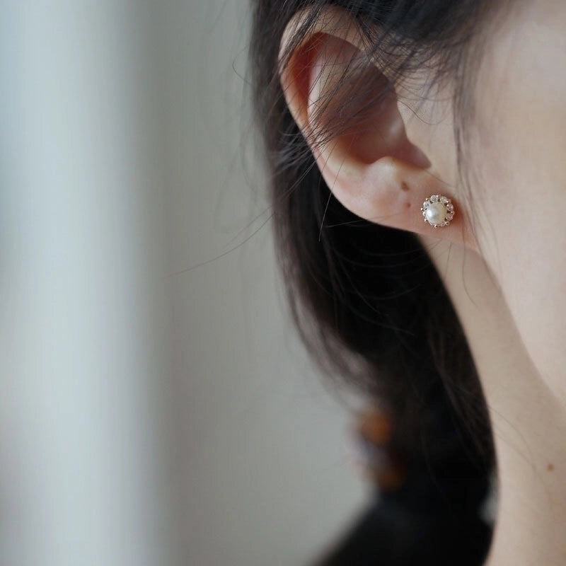 1 Pair Minimalist Round Inlay Copper Rhinestones Pearl Ear Studs