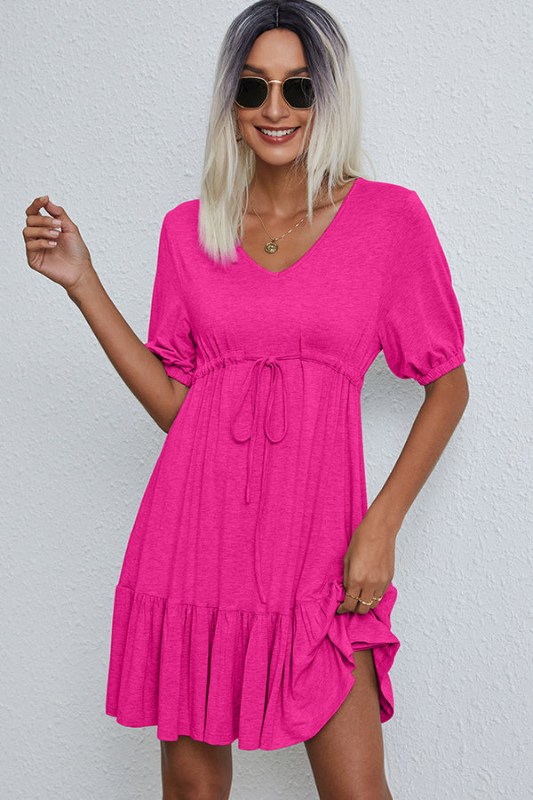 V Neck Drawstring Waist Casual Mini Dress