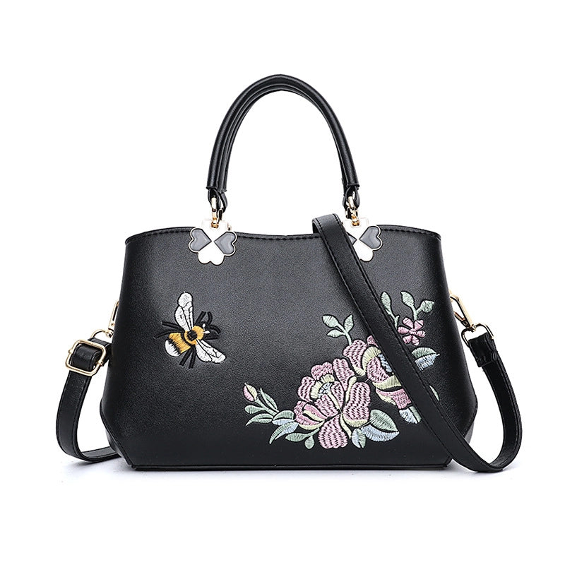 Women's Pu Leather Flower Bee Classic Style Sewing Thread Bucket Zipper Handbag Crossbody Bag