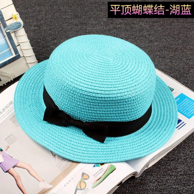 Straw Hat Sun Hat Trendy Women Summer Bow Straw Flat Top Hat