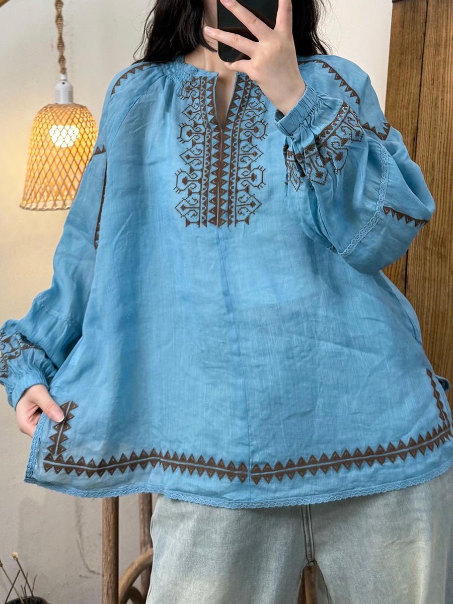 Women Summer Artsy V-Neck Embroidery Ramie Shirt