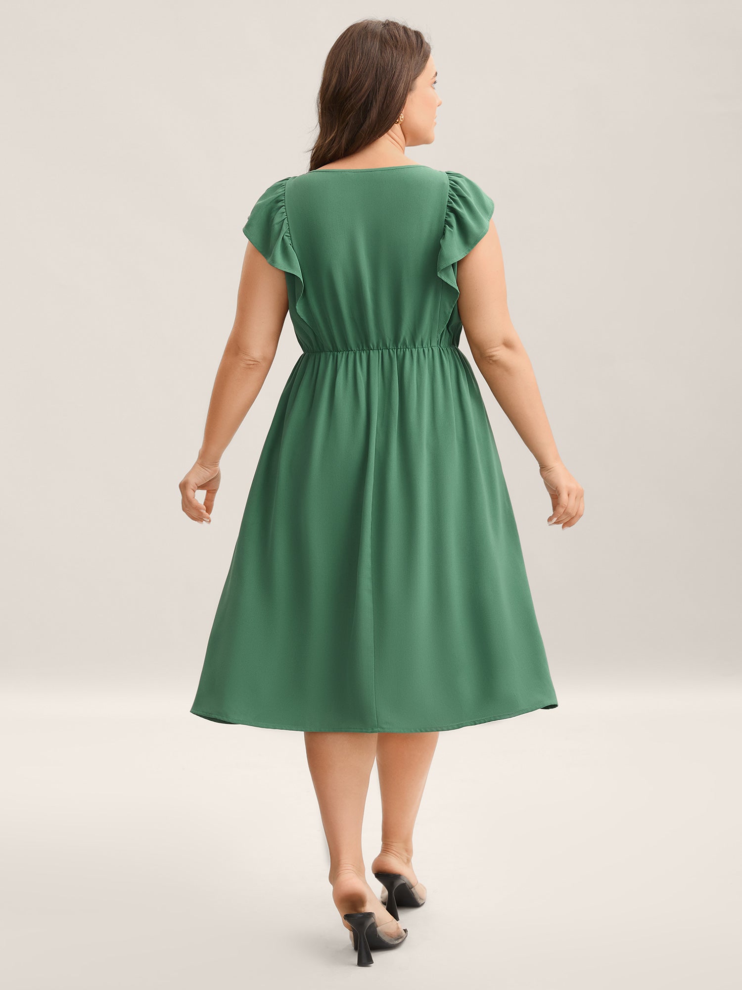 Lace Trim Pleated Ruffled Sleeve Midi Dress