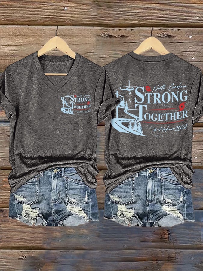 V-neck Retro North Carolina Strong Together Helene Hurricane 2024 Print T-Shirt