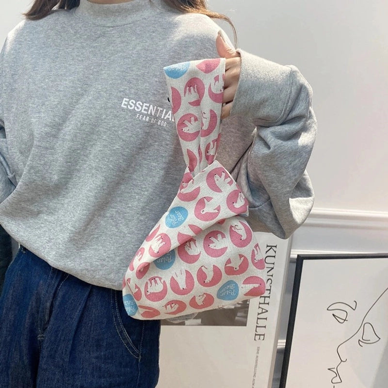 Women's Small Canvas Cartoon Bear Cat Vacation Open Handbag