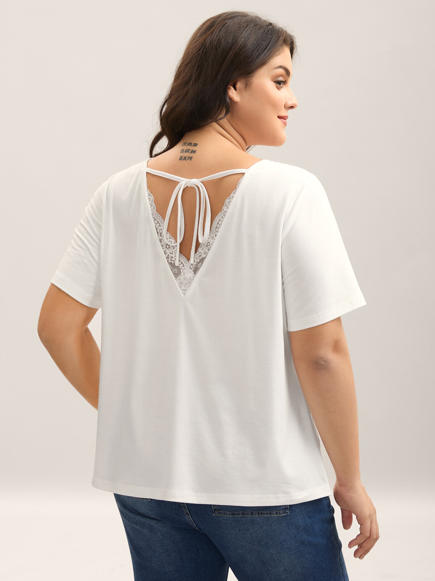 Lace Trim Backless Plain T-Shirt