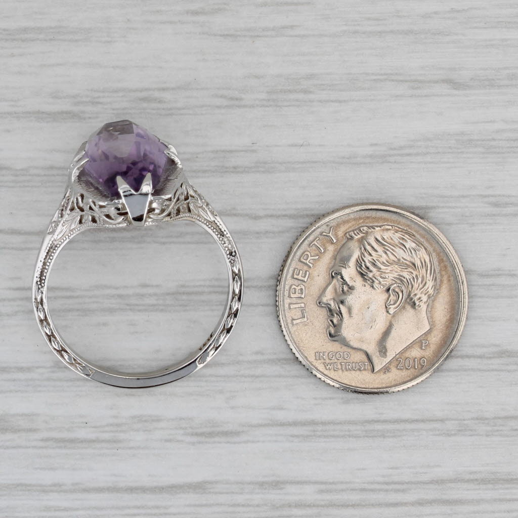Vintage Amethyst Solitaire Ring 14k White Gold Filigree Size 6.5