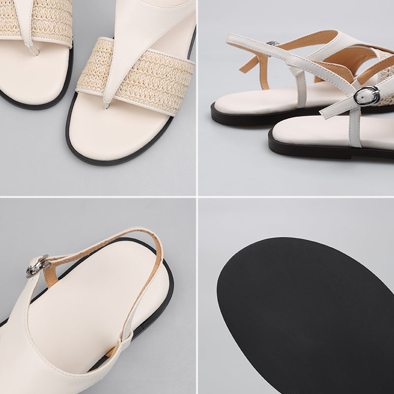 Vintage Style Woven Toe Post T-Straps Slingback Flat Sandals Roman Inspired Summer Shoes in Beige/Brown