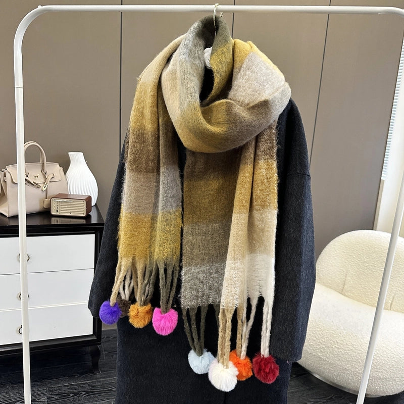 New Rainbow Stitching Dyed Plaid Scarf Women's Winter Atmosphere Long Style Thickened Tassel Scarf