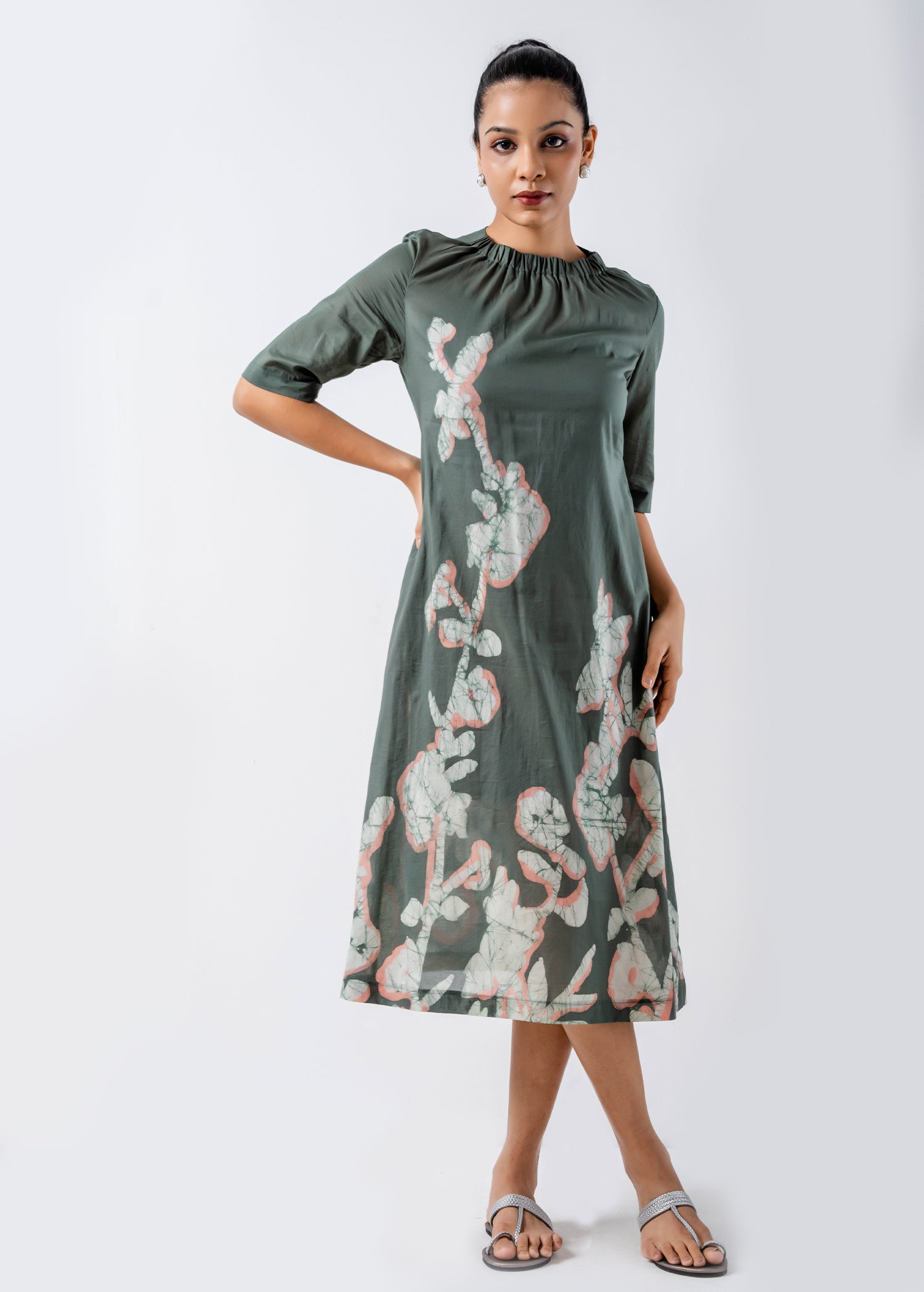 Batik Floral Elasticated High Neck Dress