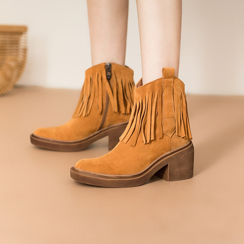 Western R Toe Cowgirl Boots With Tassels Handmade Suede Ankle Boots in Black/Brown