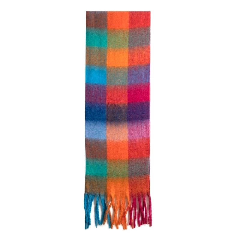 Famous High-grade Delicate Soft Gradient Color Plaid Color Matching Tassel Cashmere-like Shawl Net Red Scarf