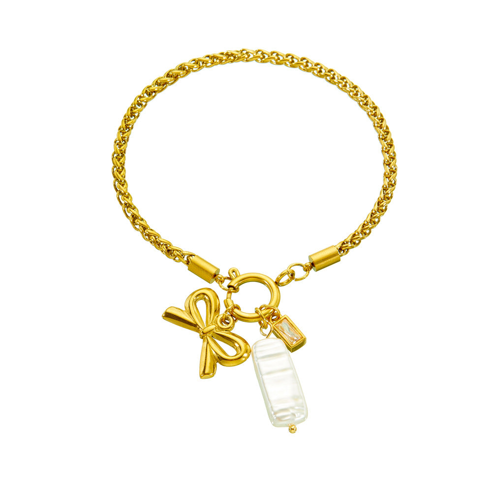 Fashion Simple Gold-Plated Twist Chain Bow Shell Pendant Stainless Steel Gold-Plated Bracelet