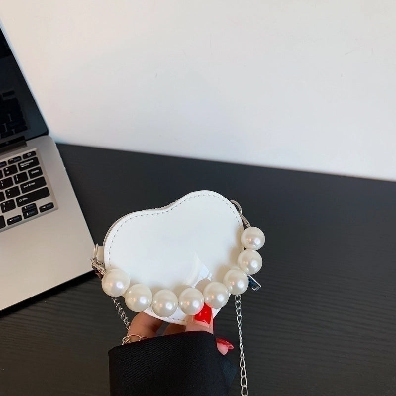 Women's Small Pu Leather Heart Shape Streetwear Pearl Heart-shaped Zipper Crossbody Bag