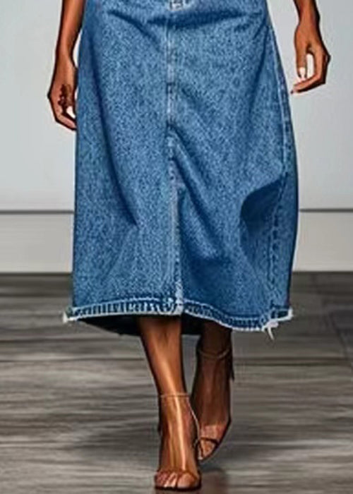 Simple Blue Pockets High Waist Maxi Skirts Summer