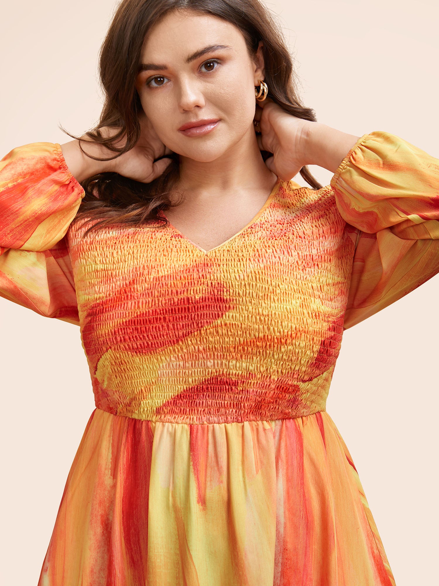 Gradient Dyeing Shirred Ruffle Hem Dress