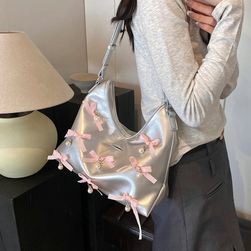 Women's Medium Pu Leather Bow Knot Elegant Square Zipper Tote Bag