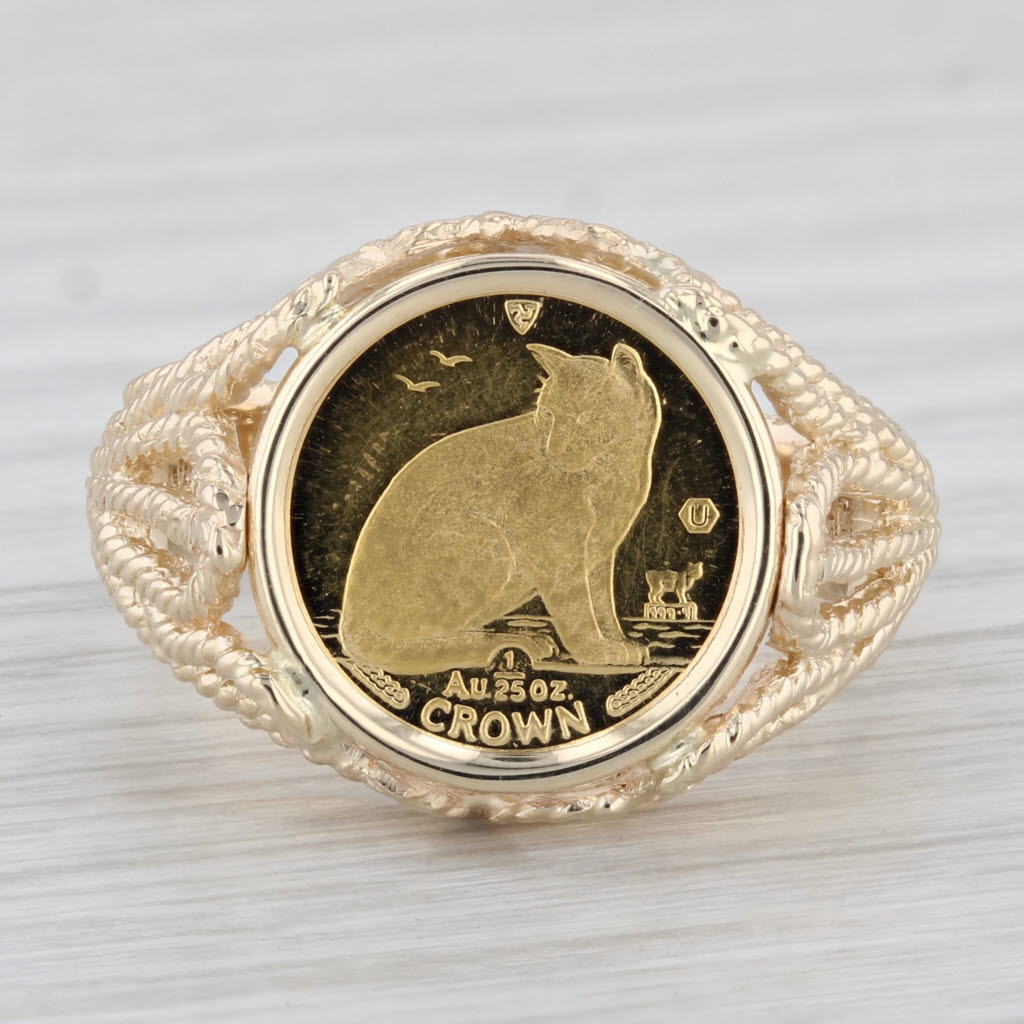 Isle of Man 1/25th Gold Crown 1990 Coin Ring 14k 9999 Yellow Gold Size 9