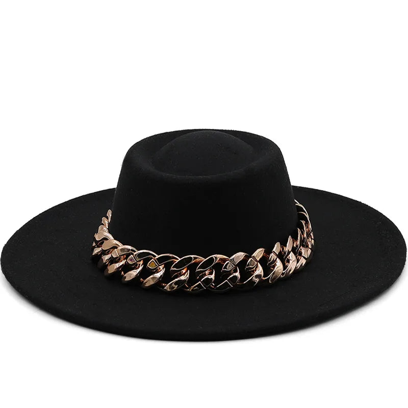 New Retro Ethnic Style 9.5 Brim Wool Woolen Felt Hat Concave Top Men's And Women's Top Hat Large Brim Thick Gold Chain Hat