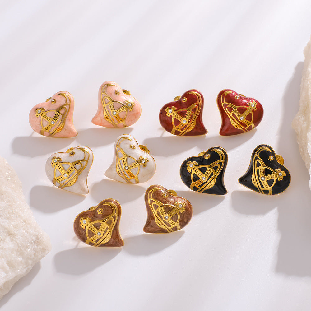 Fashionable Planet Love Earrings With Diamonds Small And Exquisite Oil-Drop Stainless Steel Earrings For Women