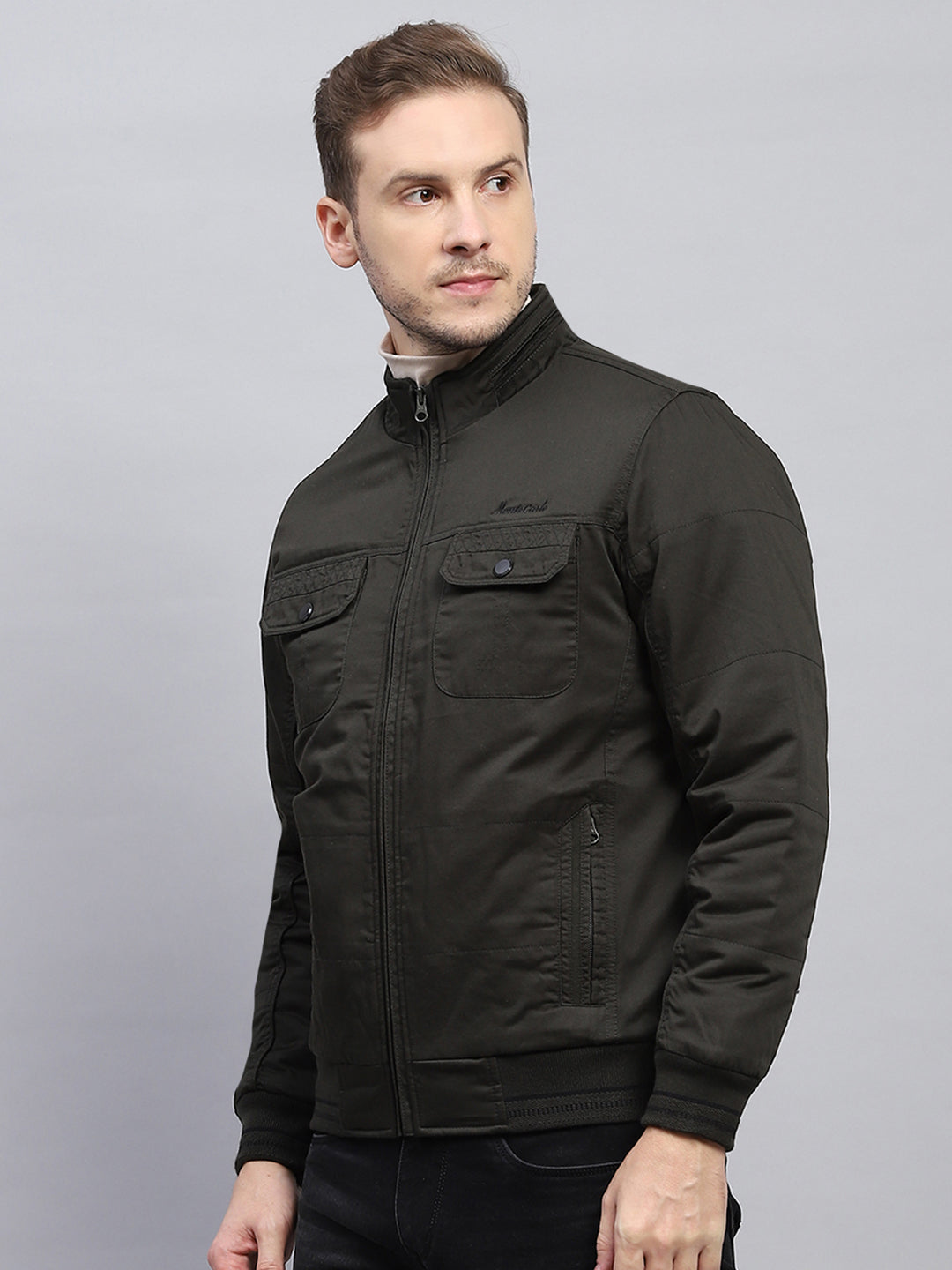 Men Olive Solid Mock Neck Full Sleeve Jacket