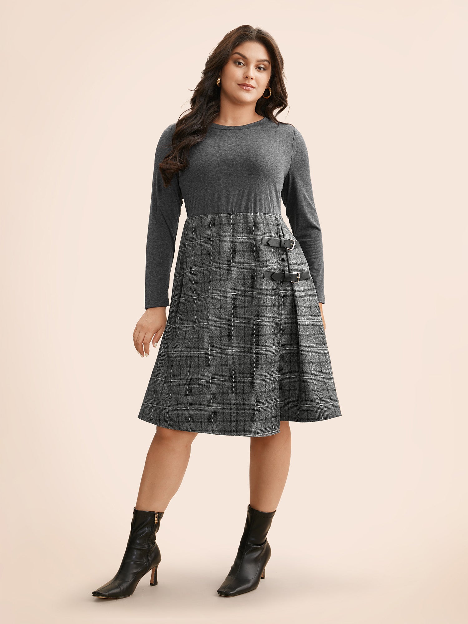 Plaid Patchwork Buckle Detail Pleated Dress