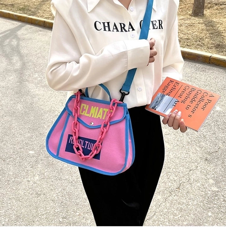 Women's Canvas Color Block Fashion Magnetic Buckle Shoulder Bag Crossbody Bag