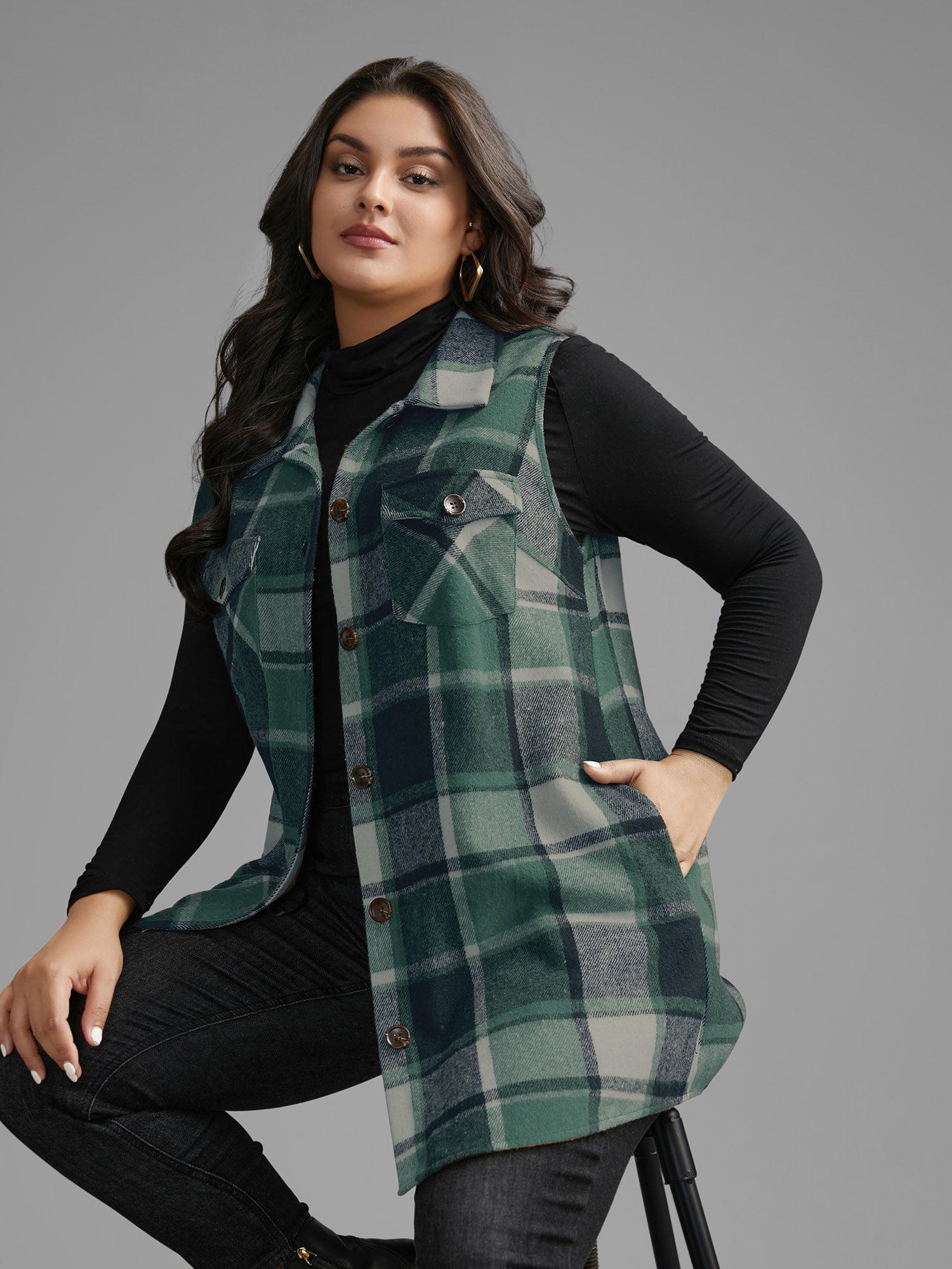 Plaid Flap Detail Sleeveless Jacket