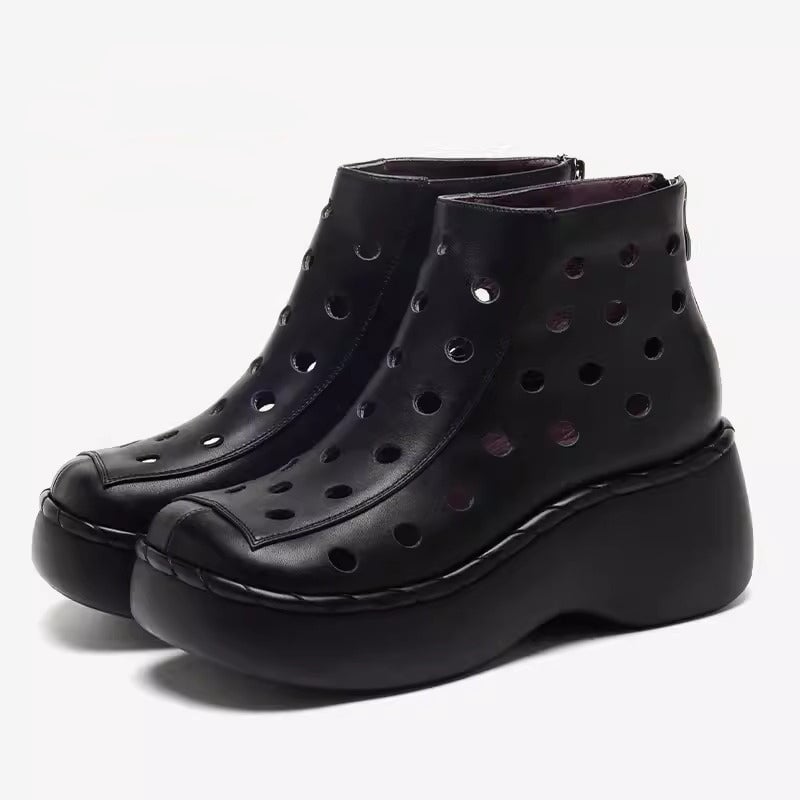 Cut Out Summer Boots Breathable Leather Short Boots in Black/White