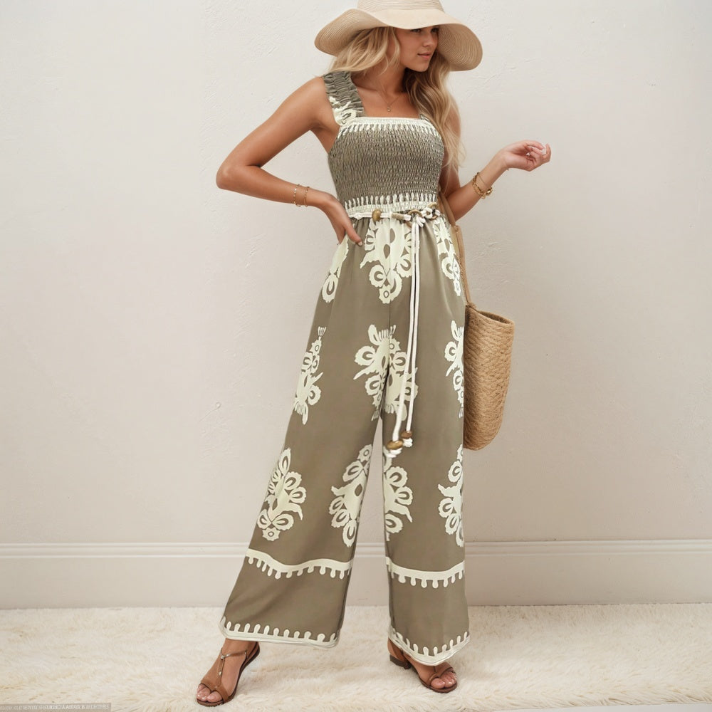 Spring Summer Printed Sling Wide Jumpsuit