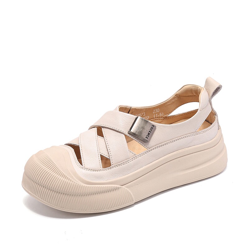 Platform Hollow-Out Low-top Roman Sandals Cow Leather Fisherman Shoes in Beige/Yellow/Green