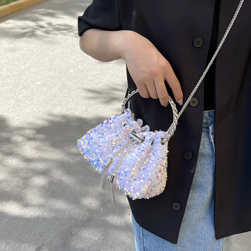 Women's Small Spring&summer Pu Leather Solid Color Fashion Sequins Bucket String Bucket Bag