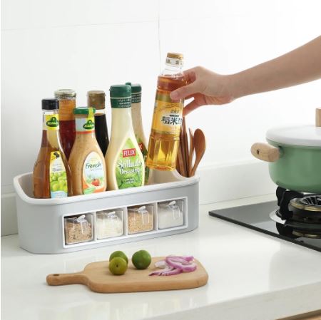 Multifunctional Double Layers Seasoning Jar Bottle Kitchen Storage Rack Set With Spoons & 4 Drawer Boxes