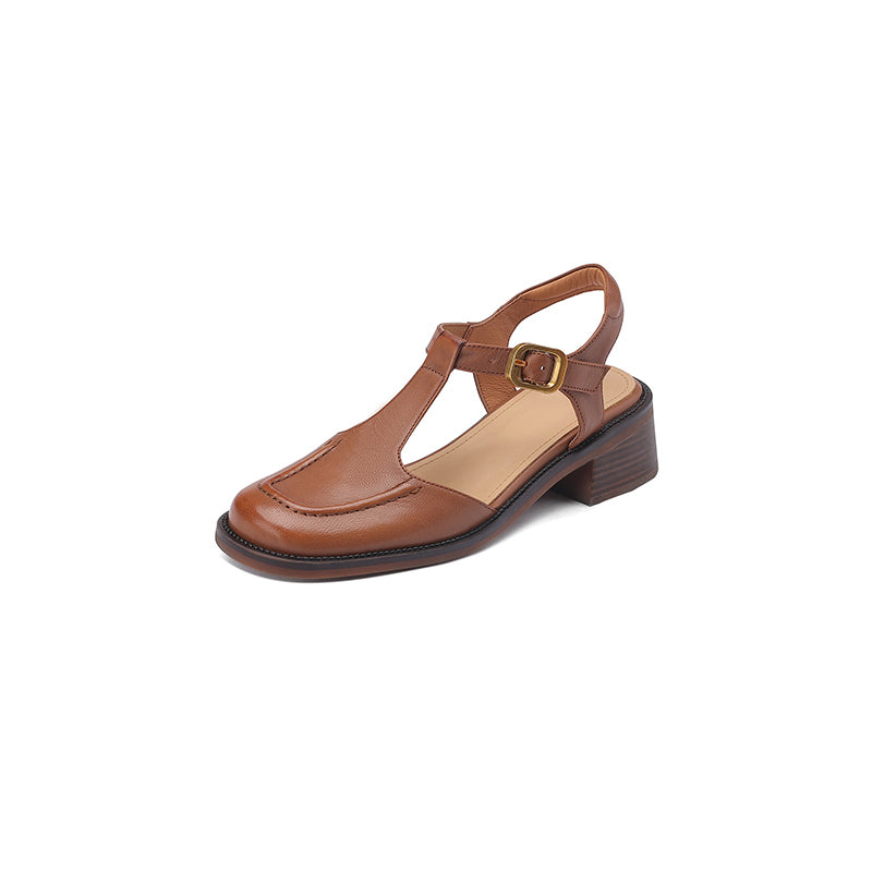 Handmade Leather Square Toe Closed-Toe T-Strap Slingback Sandals for Summer in Beige Apricot/Coconut Brown