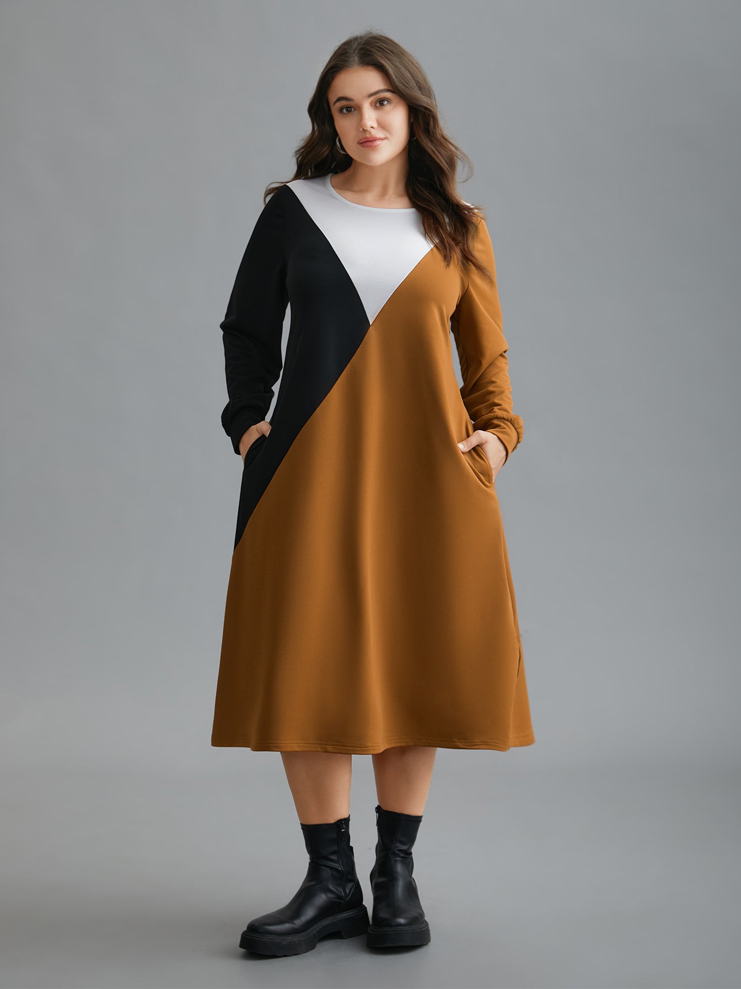 Colorblock Contrast Pockets Knitted Midi Dress