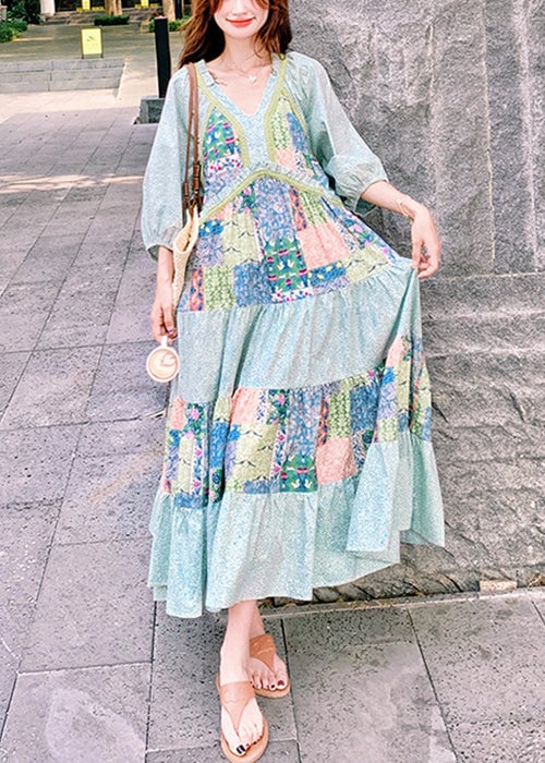 Bohemian Blue Print Side Open Patchwork Cotton Maxi Dresses Half Sleeve