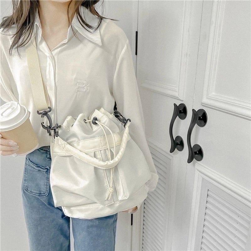 Women's Nylon Solid Color Classic Style Square String Shoulder Bag Bucket Bag