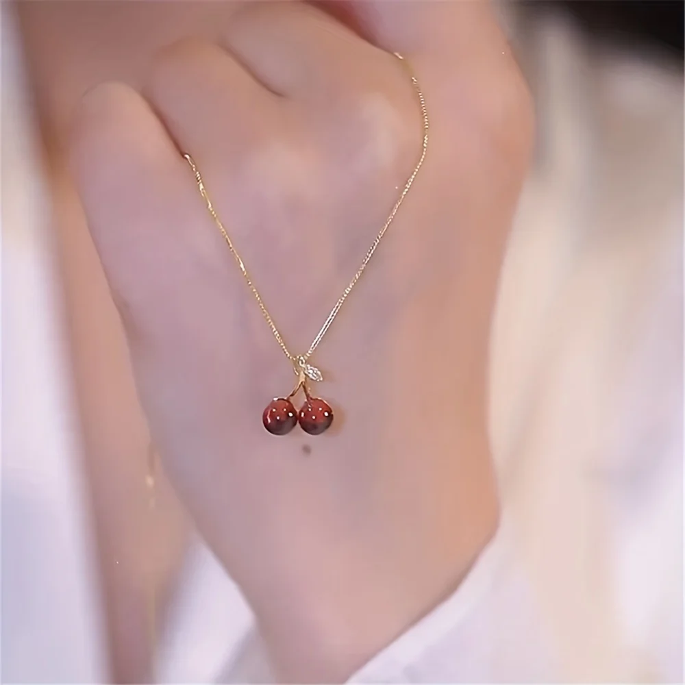 Golden Red Cherries Pendant Chain Necklace Garnet Cherry Charms Necklace Girls Sexy Clavicle Choker Necklace