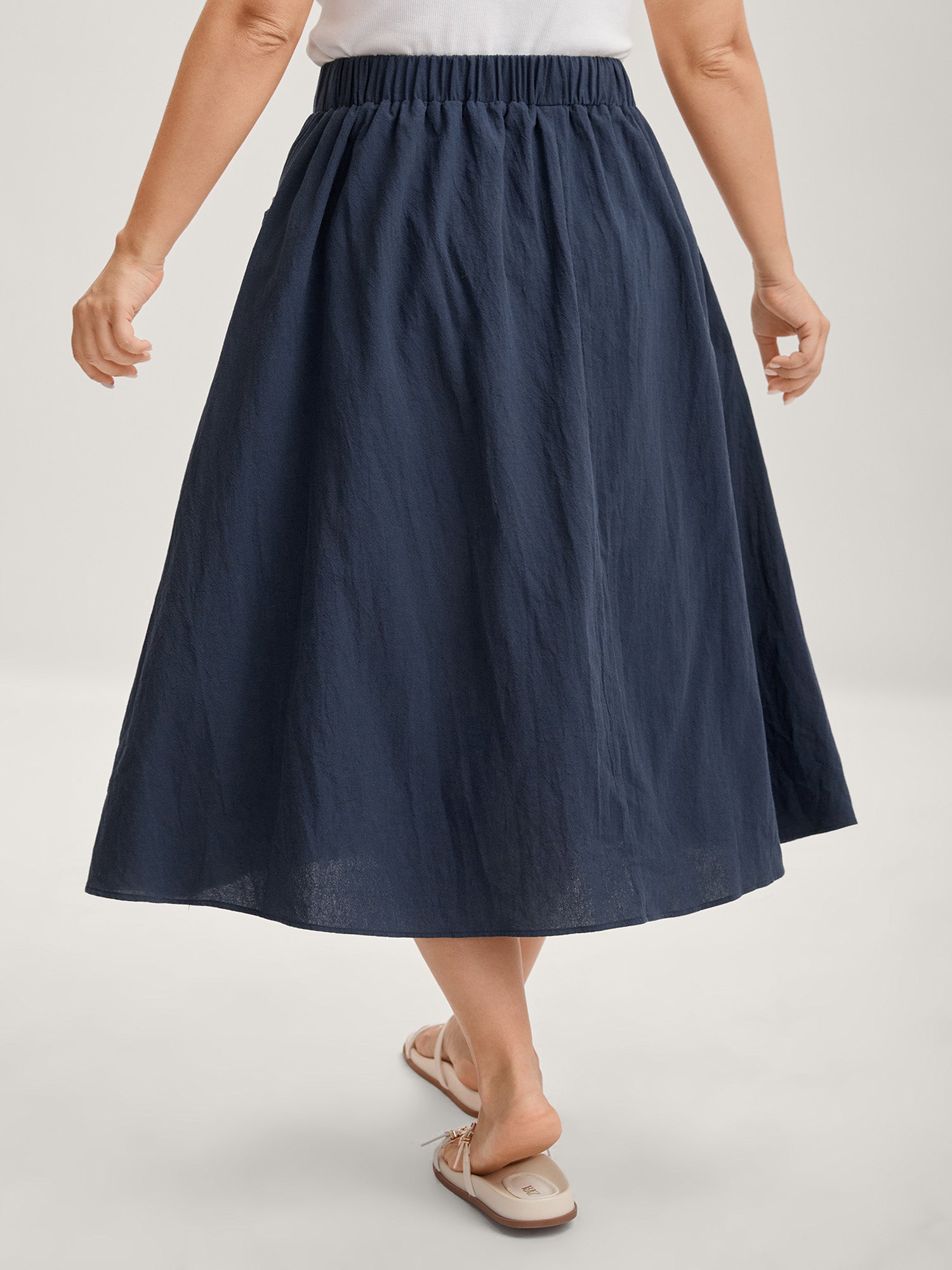 Solid Button Detail Midi Skirt