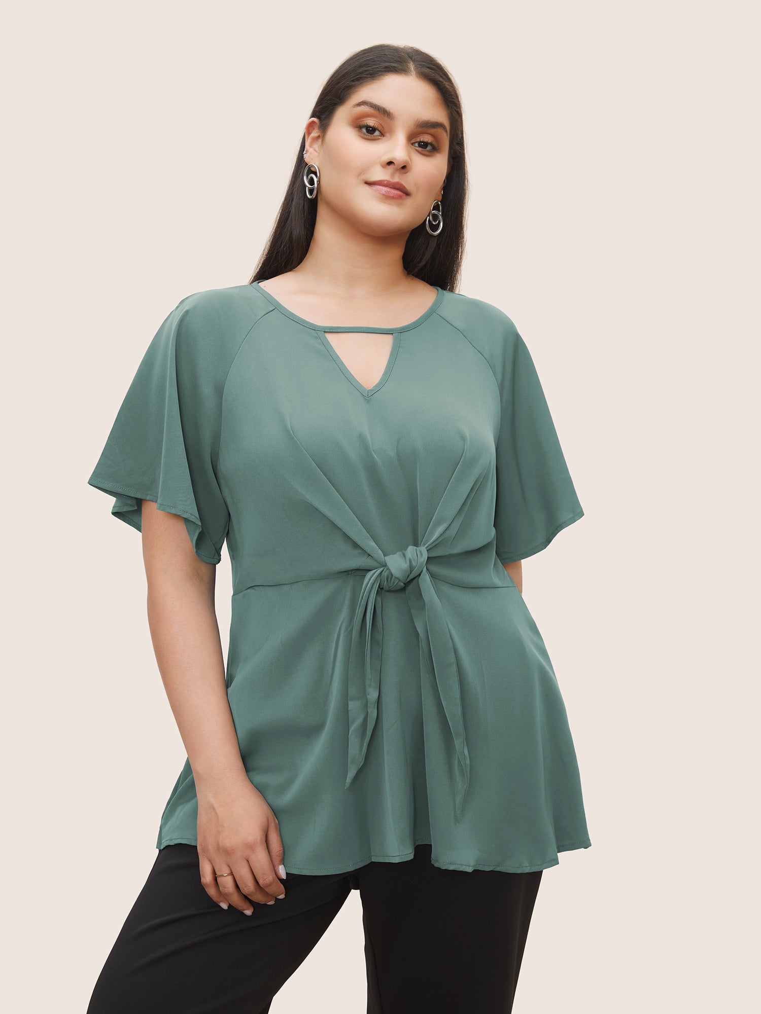 Plain Keyhole Knotted Front Ruffle Sleeve Blouse