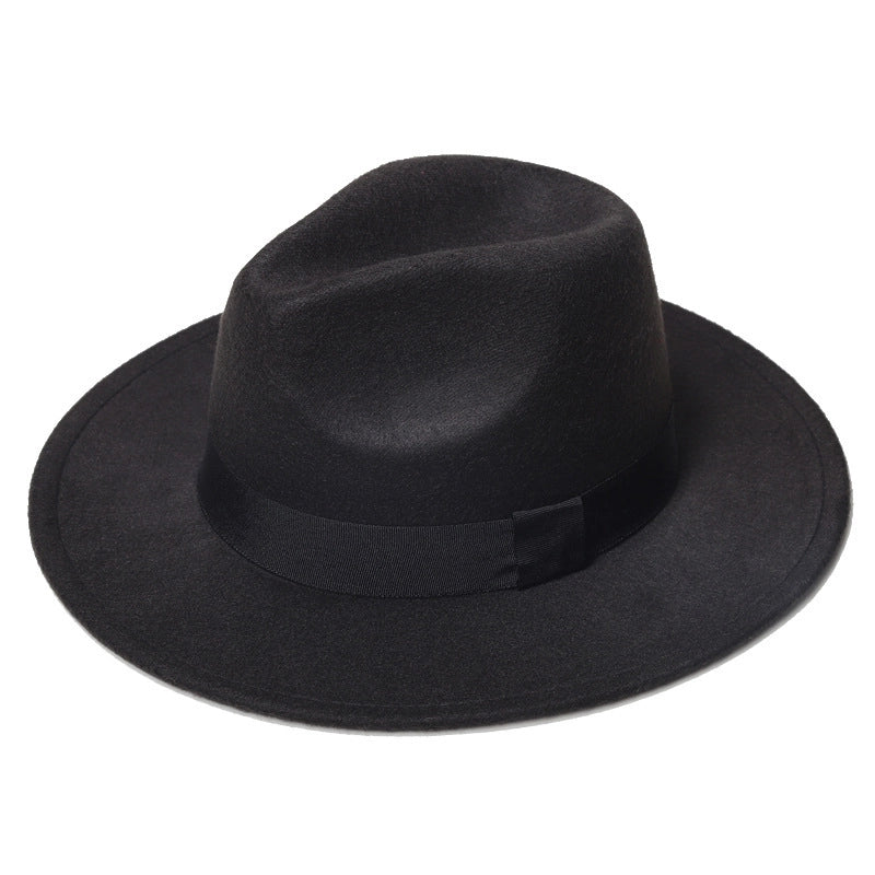Autumn And Winter New Square Ribbon Panama Top Hat British Style Flat Rim Jazz Hat Woolen Hat Men