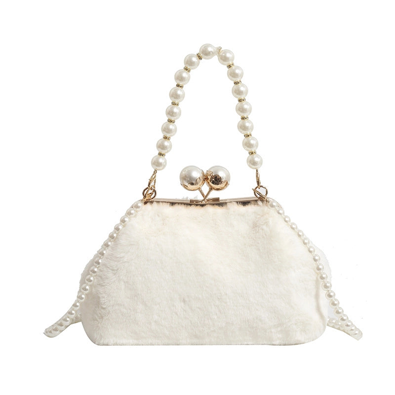 Women's Plush Solid Color Elegant Basic Shell Lock Clasp Shoulder Bag Handbag