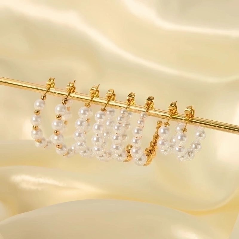 1 Pair Lady C Shape Beaded Inlay 304 Stainless Steel Artificial Pearls Earrings