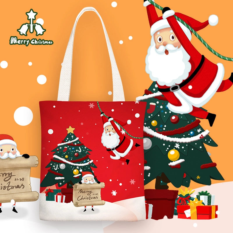 Christmas Women's Medium Canvas Santa Claus Cute Zipper Shoulder Bag Tote Bag