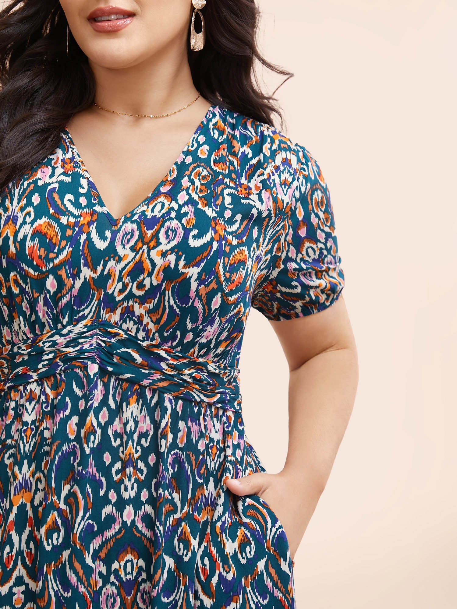 Bandana Print V Neck Shirred Gathered Dress